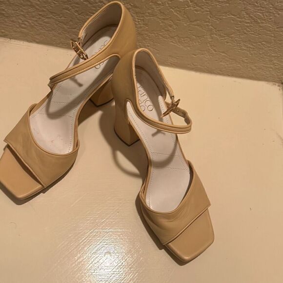 Franco Sarto Womens 10 Dima Block Heel Leather Sandals Beige Tan Ankle Strap New - Picture 16 of 16